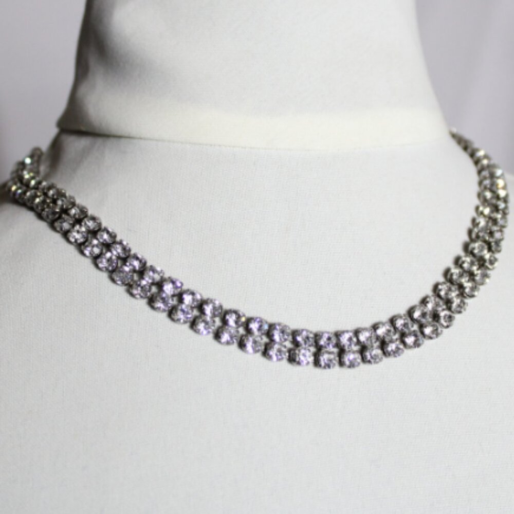 1950s Jay Flex Signed Sterling Silver Double Rhinestone 17 Inch Vintage Necklace